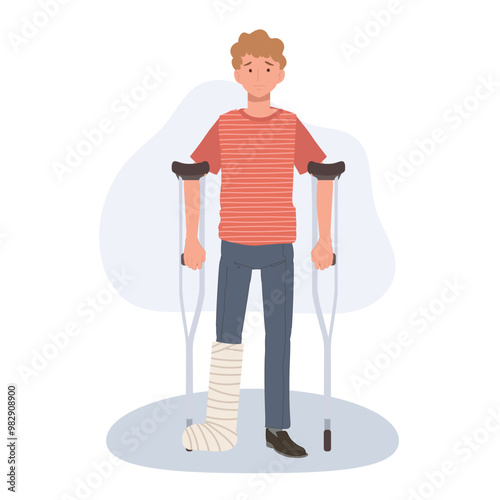 leg brace and crutch walking aid for injured leg support, man using mobility aid for recovery.