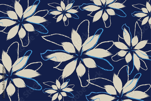 A flowers pattern on blue background, and Floral pattern with a navy blue background and stylized cream-colored flowers. The flowers are outlined vector