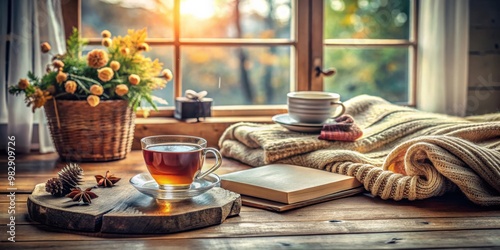 Cozy Home Interior Scene with Still Life Details on Wooden Table and Cup of Tea