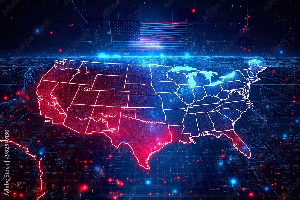 Fototapeta premium Digital visualization of a map of the United States showcasing state boundaries and an American flag