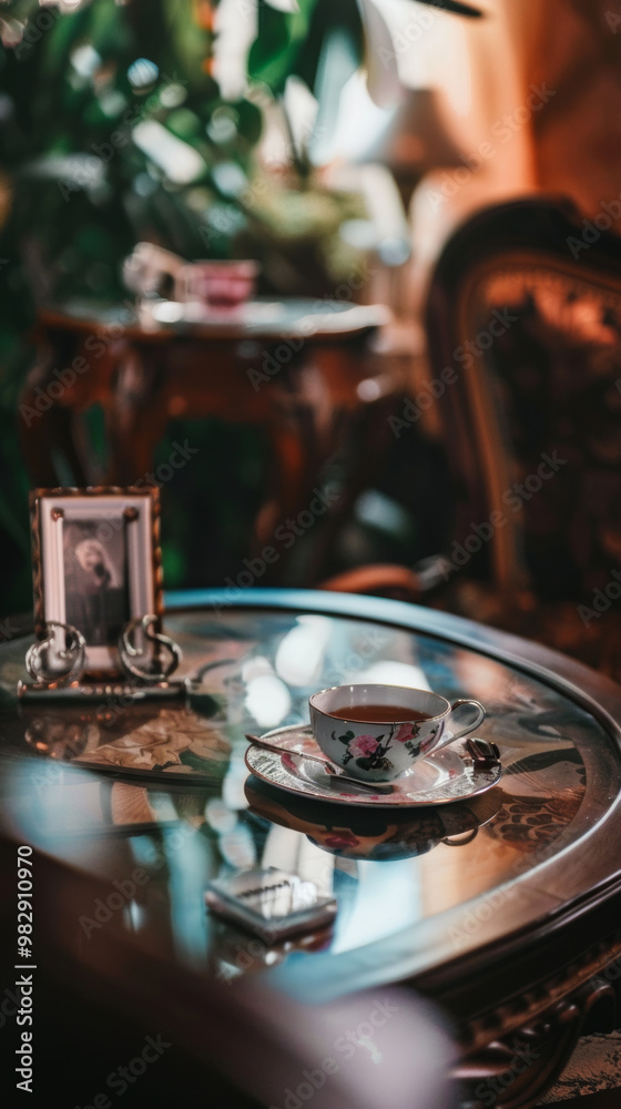 A beautifully arranged tea table featuring an elegant teacup and framed photo, surrounded by lush greenery, creating warm and inviting atmosphere A beautifully arranged tea table featuring an elegant teacup and framed photo, surrounded by lush greenery, creating warm and inviting atmosphere