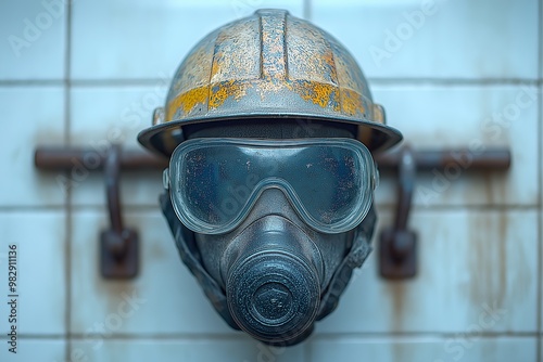 A miner\'s helmet and safety glasses suspended in a dimly lit underground hallway photo