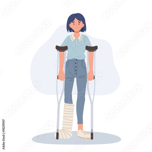 female patient with leg injury using crutches for walking support and rehabilitation