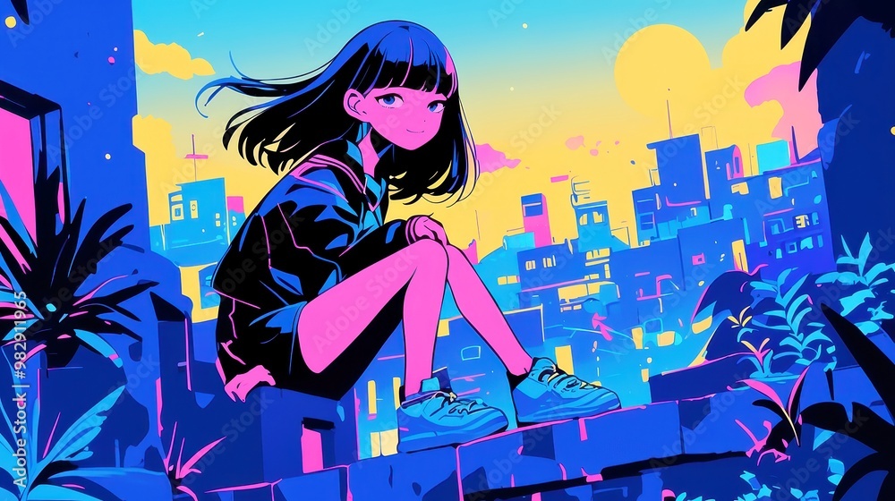 City Dreams, a vibrant 1980 anime illustration featuring a young woman on a rooftop at night, surrounded by glowing neon city lights, bold outlines, and a cool pop art aesthetic.