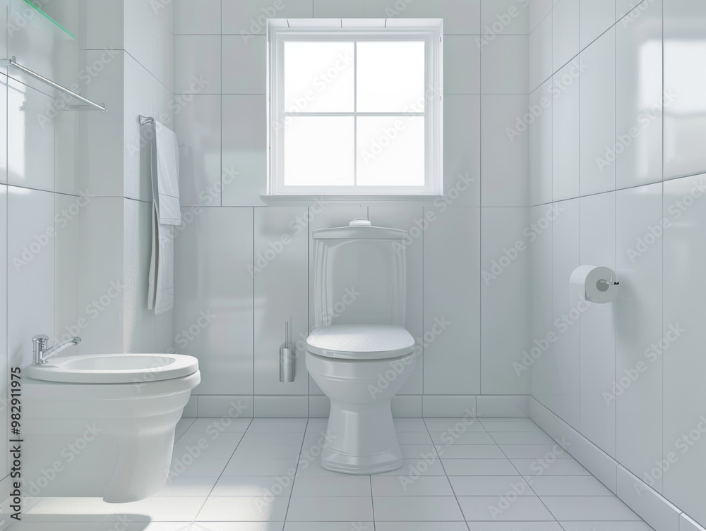A modern bathroom featuring clean and minimalist design with white tiles, toilet, and bidet. natural light from window enhances serene atmosphere A modern bathroom featuring clean and minimalist design with white tiles, toilet, and bidet. natural light from window enhances serene atmosphere