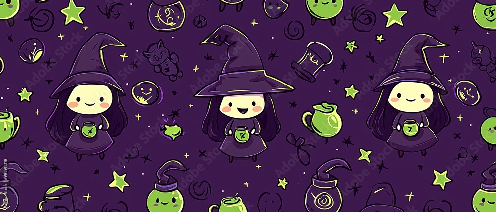 Cute Witch Pattern on Purple Background