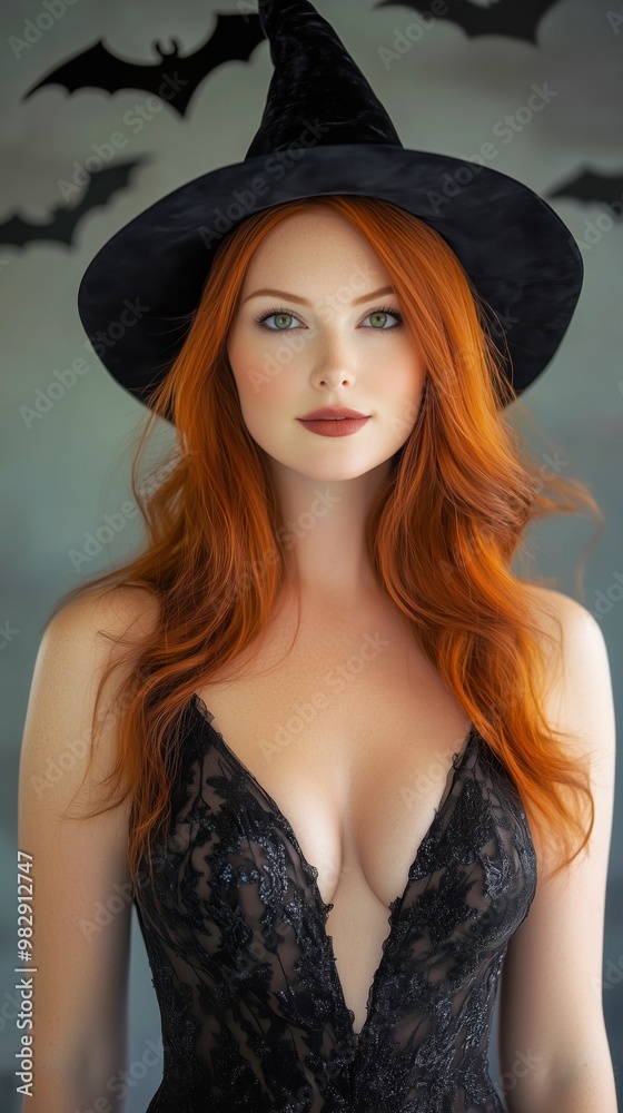 Red-haired woman wearing a black lace evening dress and witches hat, with bats flying in the background. Halloween costume and cosplay concept. Red-haired woman wearing a black lace evening dress and witches hat, with bats flying in the background. Halloween costume and cosplay concept.