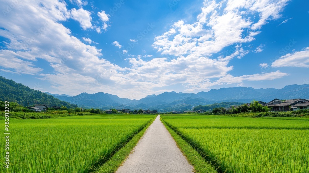 Scenic Road Through Lush Rice Paddy Fields and Mountain Landscape Scenic Road Through Lush Rice Paddy Fields and Mountain Landscape