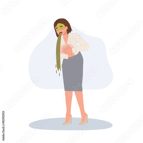 Sick woman vomiting and clutching stomach in severe pain, depicting illness, nausea, and abdominal distress.