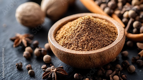Fototapeta Naklejka Na Ścianę i Meble -  Ground Nutmeg and Cloves: A small wooden dish with ground nutmeg and cloves mixed together, surrounded by whole spices on a dark slate surface.