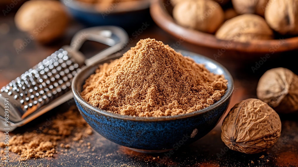 Ground Nutmeg: A fine, light brown powder of nutmeg in a small dish, with a whole nutmeg and a grater beside it, emphasizing the fresh, aromatic quality. Ground Nutmeg: A fine, light brown powder of nutmeg in a small dish, with a whole nutmeg and a grater beside it, emphasizing the fresh, aromatic quality.