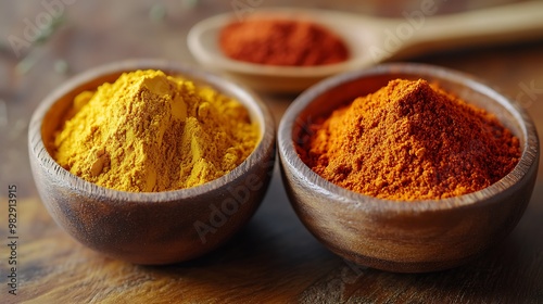 Ground Turmeric and Paprika: Two small bowls filled with bright yellow turmeric and deep red paprika powders, with wooden spoons resting beside them.