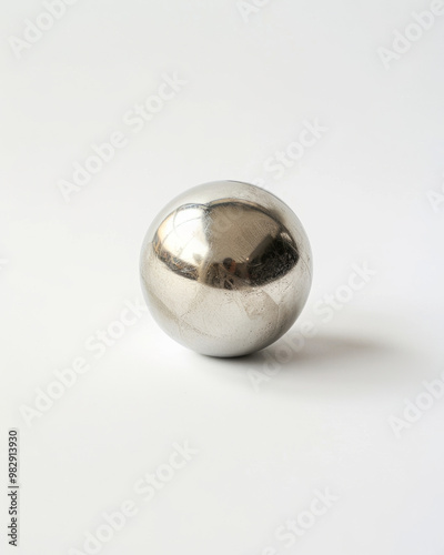 A small silver sphere rests on clean white background, showcasing its reflective surface and smooth texture. simplicity of object evokes sense of elegance and minimalism