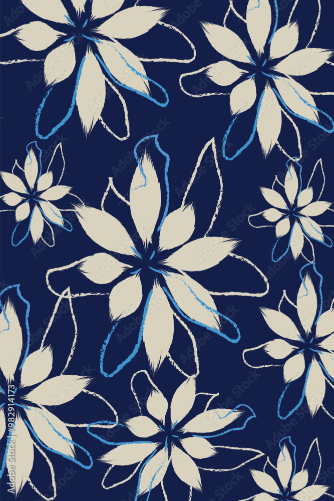 A navy blue background with soft white flowers textile vector and A flowers pattern on blue background, and Floral pattern withstylized cream-colored flowers A navy blue background with soft white flowers textile vector and A flowers pattern on blue background, and Floral pattern withstylized cream-colored flowers
