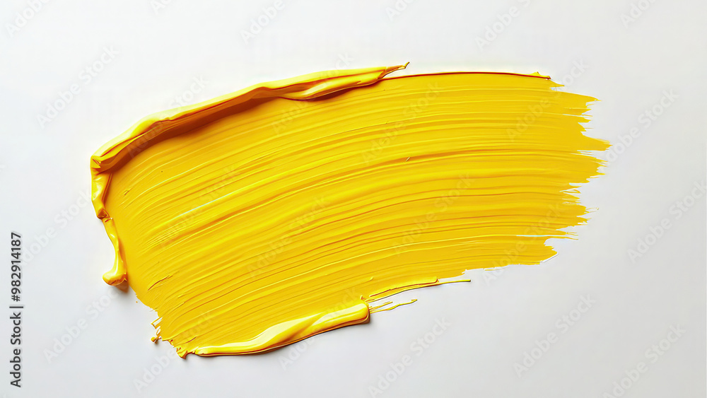 Realistic close-up of a bright yellow paint stroke with textured brush details, isolated on a clean white background Realistic close-up of a bright yellow paint stroke with textured brush details, isolated on a clean white background