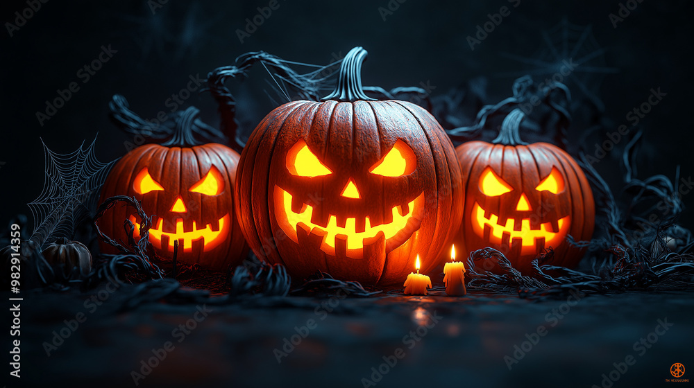 Fototapeta premium 3d rendered illustration of three glowing pumpkins, dark background, halloween concept