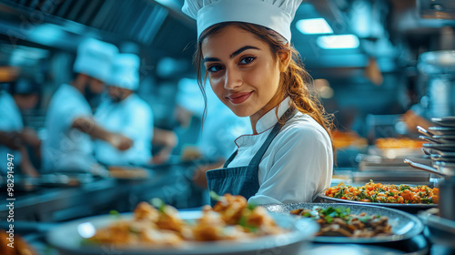 Confident chef standing in a busy kitchen with plates and bowls of food ready to serve