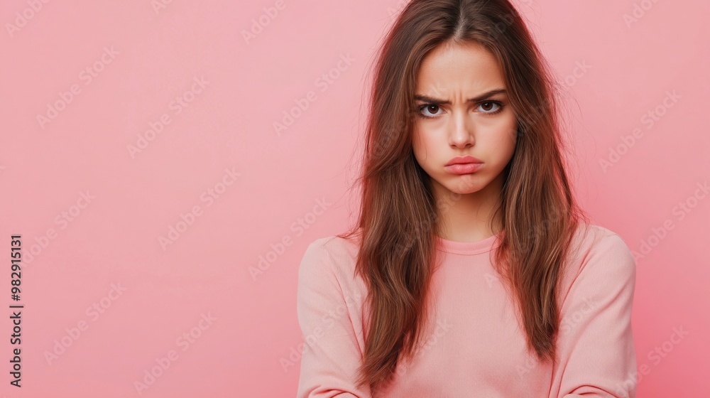Displeased young woman frowning against pink background Displeased young woman frowning against pink background