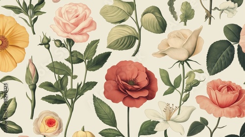 Vintage floral pattern with botanical illustrations