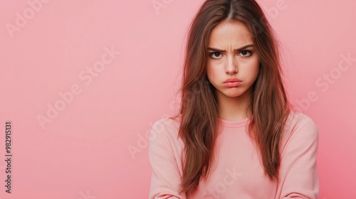 Displeased young woman frowning against pink background