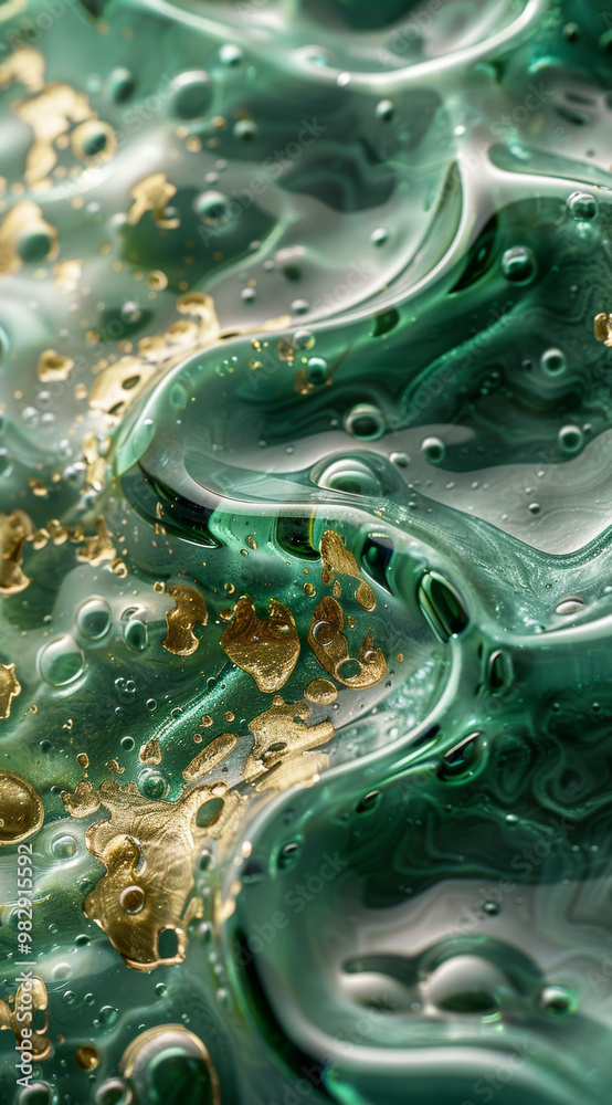 A mesmerizing close up of fluid patterns featuring golden accents on rich green background. interplay of light and texture creates captivating visual experience