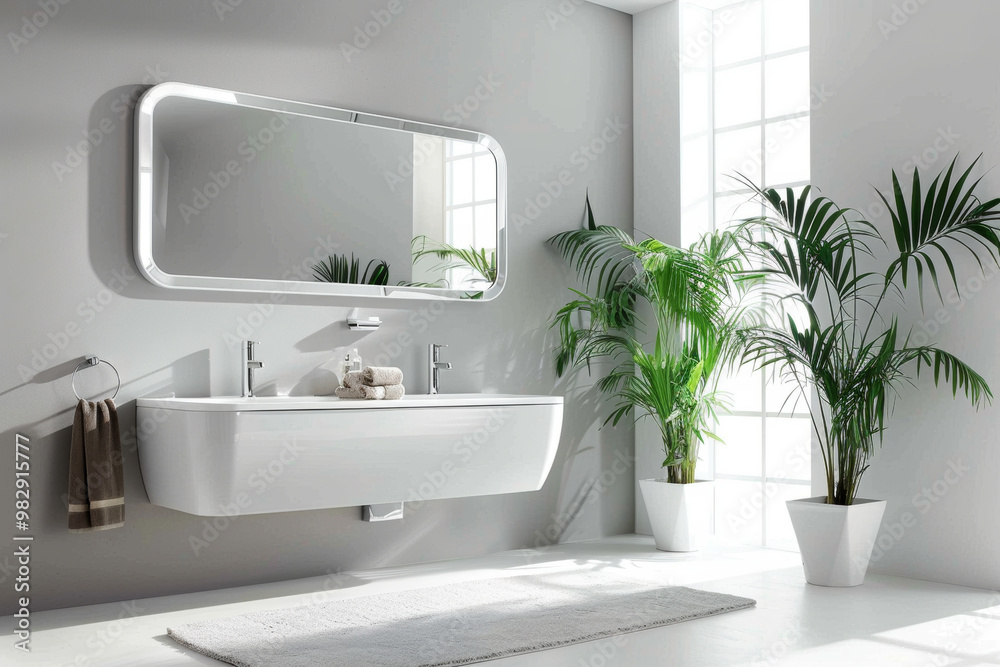 Fototapeta premium Modern bathroom design features sleek rectangular mirror above stylish sink, complemented by lush green plants and natural light streaming through large windows, creating serene atmosphere