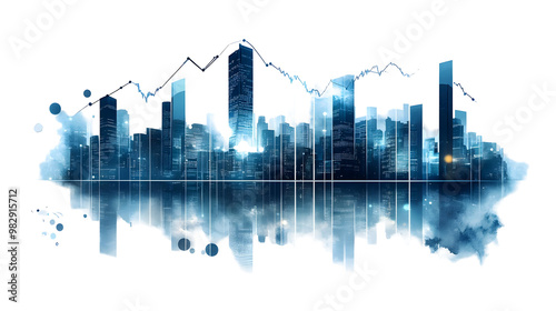 Abstract Cityscape with Line Graph and Watercolor Texture Isolated on Transparent Background