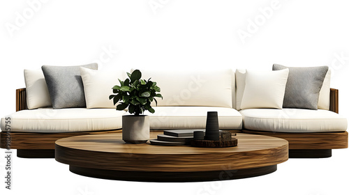 Modern Sectional Sofa with Round Wooden Coffee Table and Plant on Transparent Background, PNG