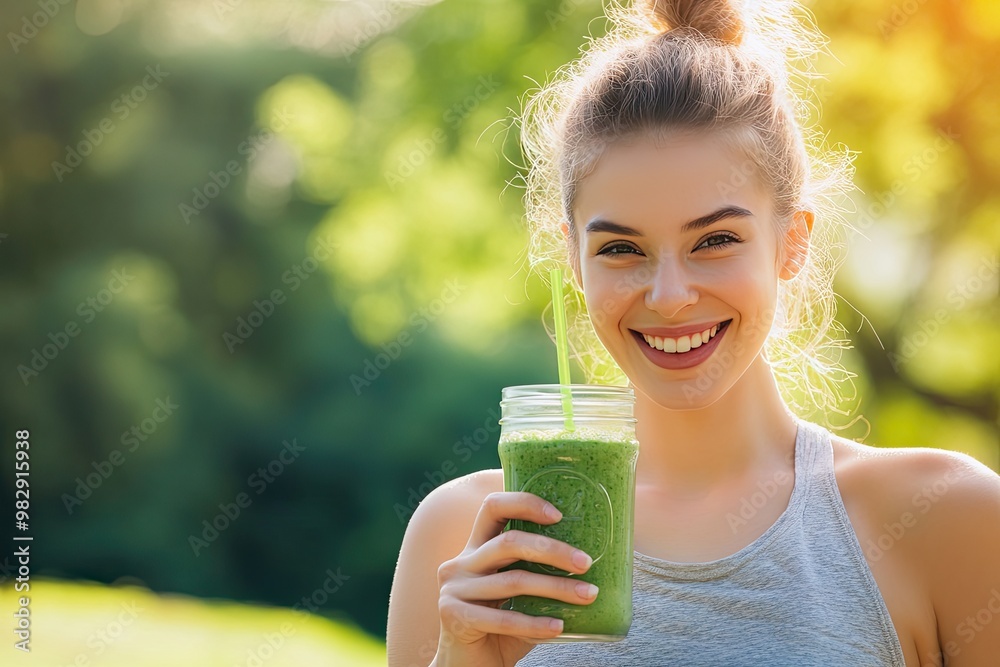 A woman holding a green smoothie outdoors in a sunny park, smiling, wearing casual sportswear A woman holding a green smoothie outdoors in a sunny park, smiling, wearing casual sportswear