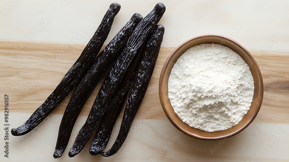 Fototapeta premium Vanilla Beans: A pair of dark, glossy vanilla beans placed on a light wooden surface, with a small dish of ground vanilla powder beside them.