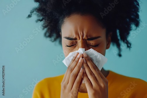  A person wiping their nose with a tissue, visibly suffering from a runny nose, displaying signs of illness and cold symptoms.