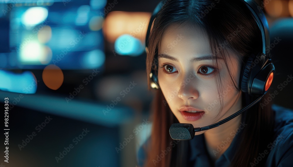 Focused Gamer Girl Wearing Headphones with Microphone Focused Gamer Girl Wearing Headphones with Microphone
