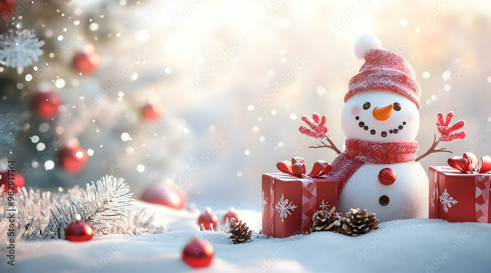 Christmas Winter Background with Snowman, Presents, and Bokeh Snowflakes - Merry Christmas and Happy New Year Greeting Card with Ample Copy Space, Ideal for Festive Holiday Messages Christmas Winter Background with Snowman, Presents, and Bokeh Snowflakes - Merry Christmas and Happy New Year Greeting Card with Ample Copy Space, Ideal for Festive Holiday Messages