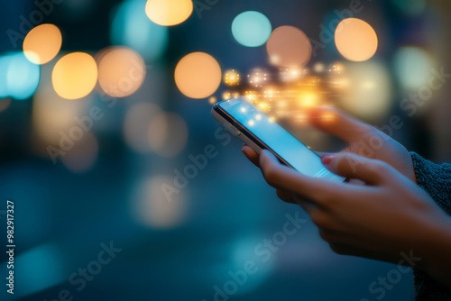 Wallpaper Mural Hands holding a mobile phone, with illustration of lights floating outside its screen. Torontodigital.ca