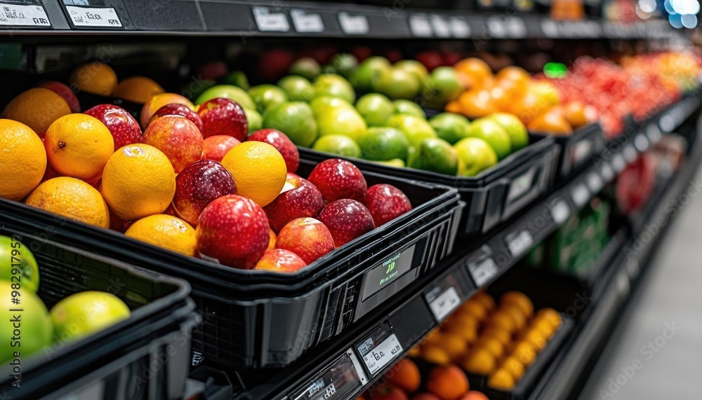 Vibrant display of fresh fruits in a grocery store, showcasing a variety of colorful apples, oranges, and more in baskets. Vibrant display of fresh fruits in a grocery store, showcasing a variety of colorful apples, oranges, and more in baskets.