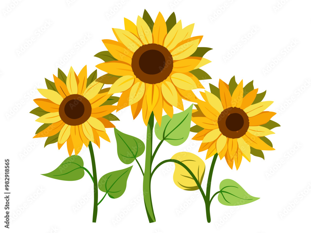 Yellow Sunflower Illustration with Vibrant Brown Center and Fresh Green Leaves - Ideal for Summer and Gardening Themes Yellow Sunflower Illustration with Vibrant Brown Center and Fresh Green Leaves - Ideal for Summer and Gardening Themes