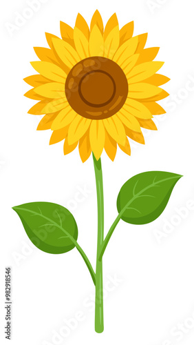 Yellow Sunflower Illustration with Vibrant Brown Center and Fresh Green Leaves - Ideal for Summer and Gardening Themes