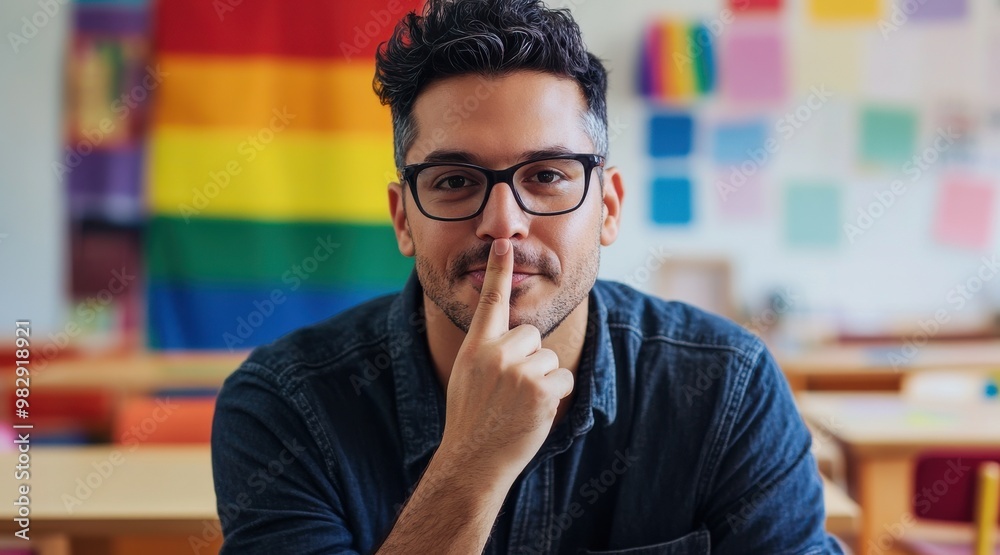Man shushing with finger over lips in colorful classroom. Man shushing with finger over lips in colorful classroom.