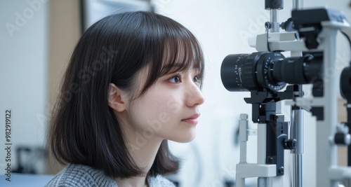 Young woman during eye examination at clinic.