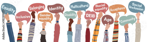 Isolated raised hands of people from diverse cultures holding speech bubbles with words expressing the concept of DEIB - diversity - equality - inclusion - belonging