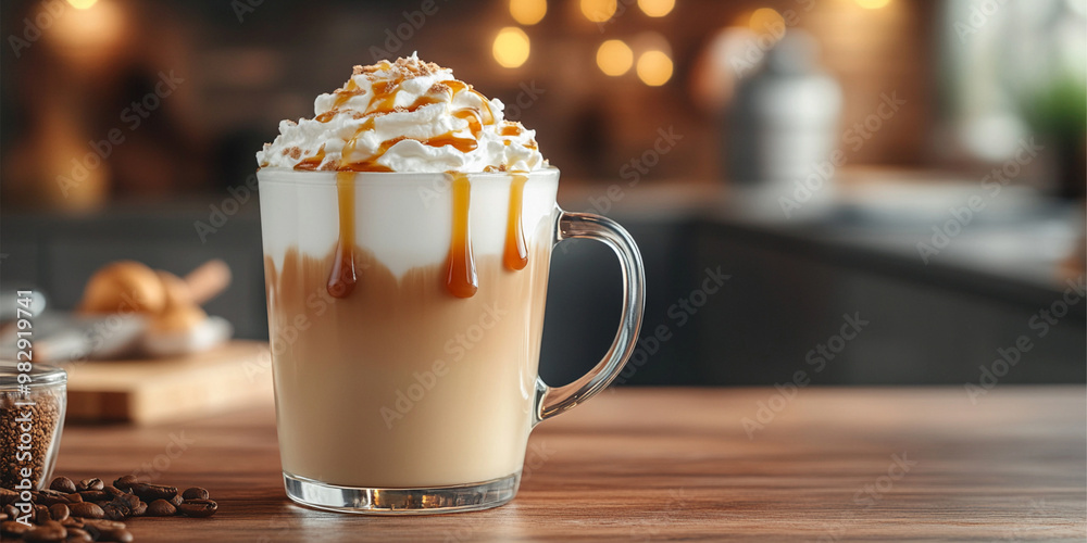 A glass cup of coffee with whipped cream and caramel sauce A glass cup of coffee with whipped cream and caramel sauce