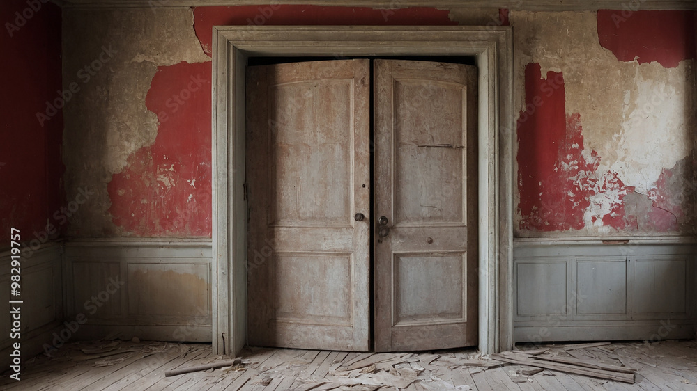 Fototapeta premium Old abandoned room with cracked walls and dusty peeling red door and window in vintage atmosphere.