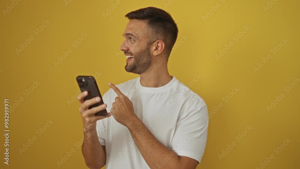 Young hispanic man smiling and pointing to the side with one finger, happy and cheerful while using smartphone over isolated yellow background Young hispanic man smiling and pointing to the side with one finger, happy and cheerful while using smartphone over isolated yellow background