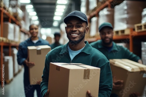 A warehouse worker in uniform holding a box and smiling at the camera in a warehouse setting.