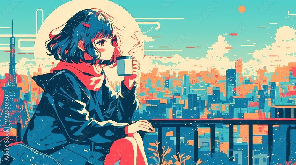 Obraz premium City Awakening, vibrant city pop anime scene capturing a young woman on a park bench, enjoying tea, bold outlines, simple colors, warm palette, geometric style.