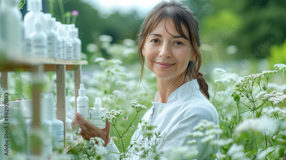 Fototapeta premium A Woman Carefully Arranges Skincare Products in a Lush Garden on a Sunny Day