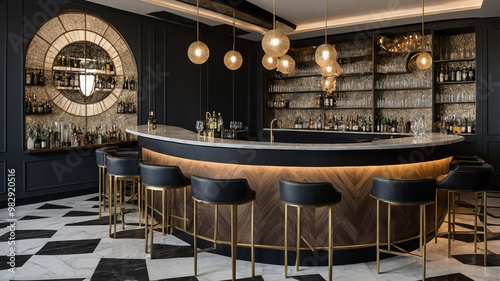 Elegant modern bar with dark tones, gold accents, and stylish seating in a luxurious setting.