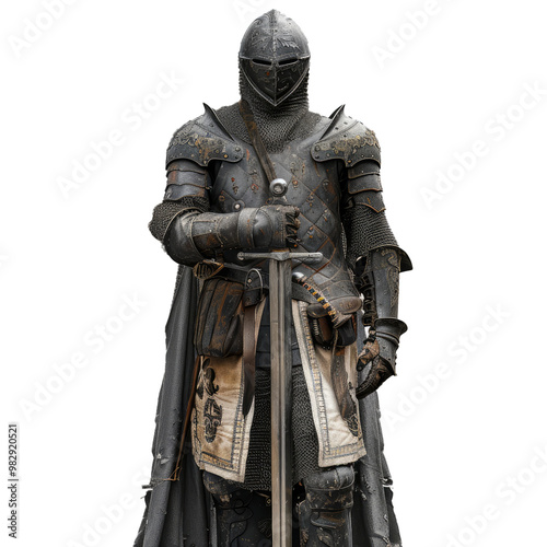 Medieval knight wearing full battle armor is standing and holding a sword photo