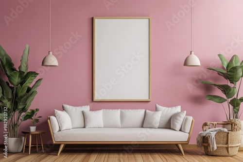 Modern Living Room Interior with Empty Vertical Wooden Frame and Sofa on Pink Background