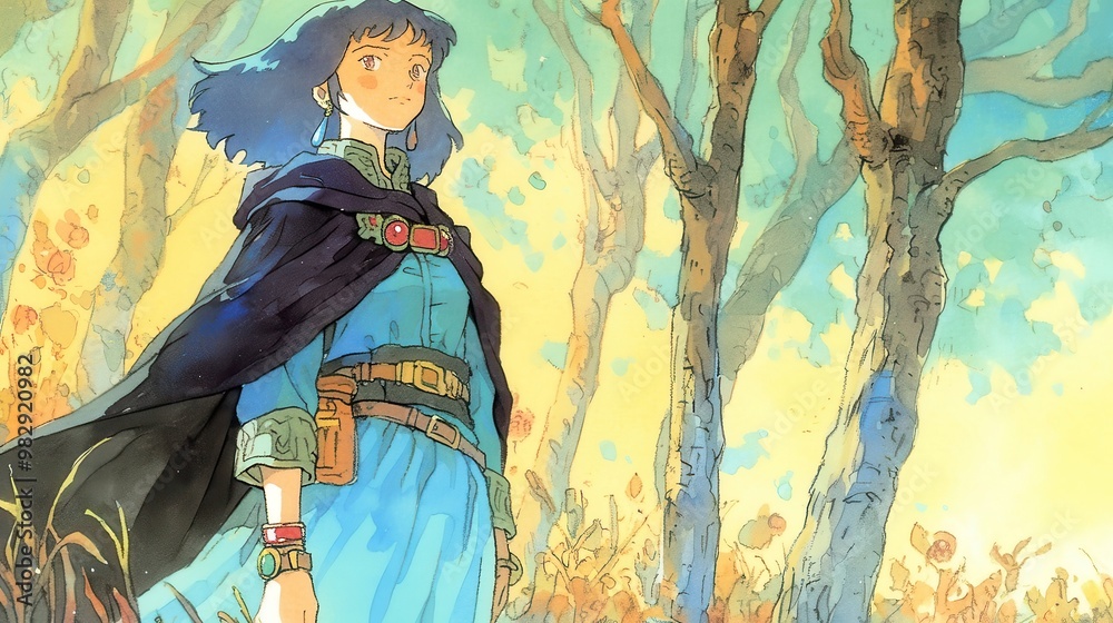 Fototapeta premium City Pop Dreamscape, a young woman strolls through a misty forest at dawn, bold outlines and solid colors create a striking pop art aesthetic with a cool, mysterious palette.